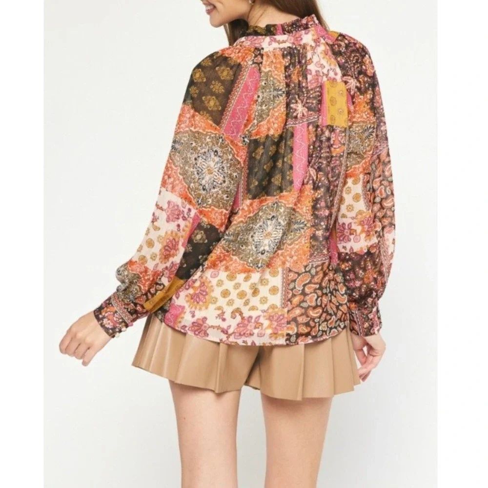 Entro Women PatchworkPaisley RuffleNeckLurex ButtonDown BlouseOrangeMediumOrange - Picture 2 of 10